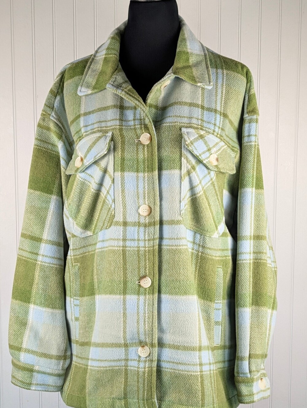 Workshop Republic Green & Light Blue Plaid Fleece Pockets Shacket - Size XL
